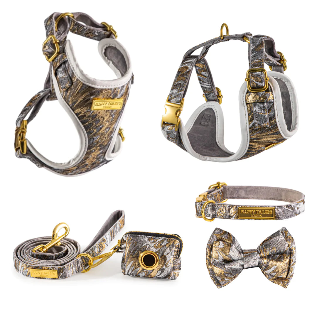 Luxury Occasion Collection- Dog Harness, Collar, Bow, Leash and Poop Bag Holder by Fluffy Tailers