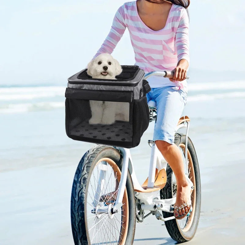 Expandable Pet Bike Carrier Backpack | Soft Dog & Cat Travel Basket with 4 Doors