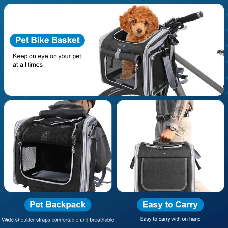 Expandable Pet Bike Carrier Backpack | Soft Dog & Cat Travel Basket with 4 Doors