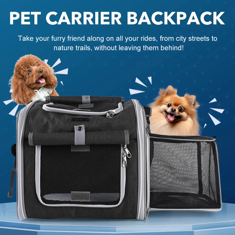 Expandable Pet Bike Carrier Backpack | Soft Dog & Cat Travel Basket with 4 Doors