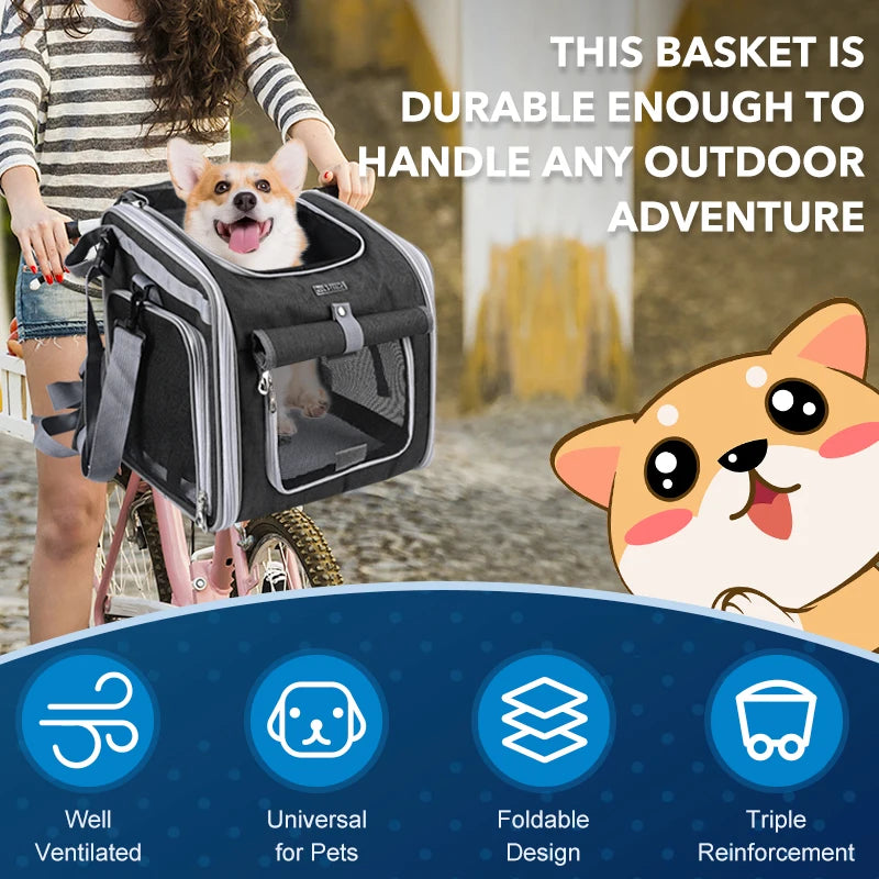 Expandable Pet Bike Carrier Backpack | Soft Dog & Cat Travel Basket with 4 Doors