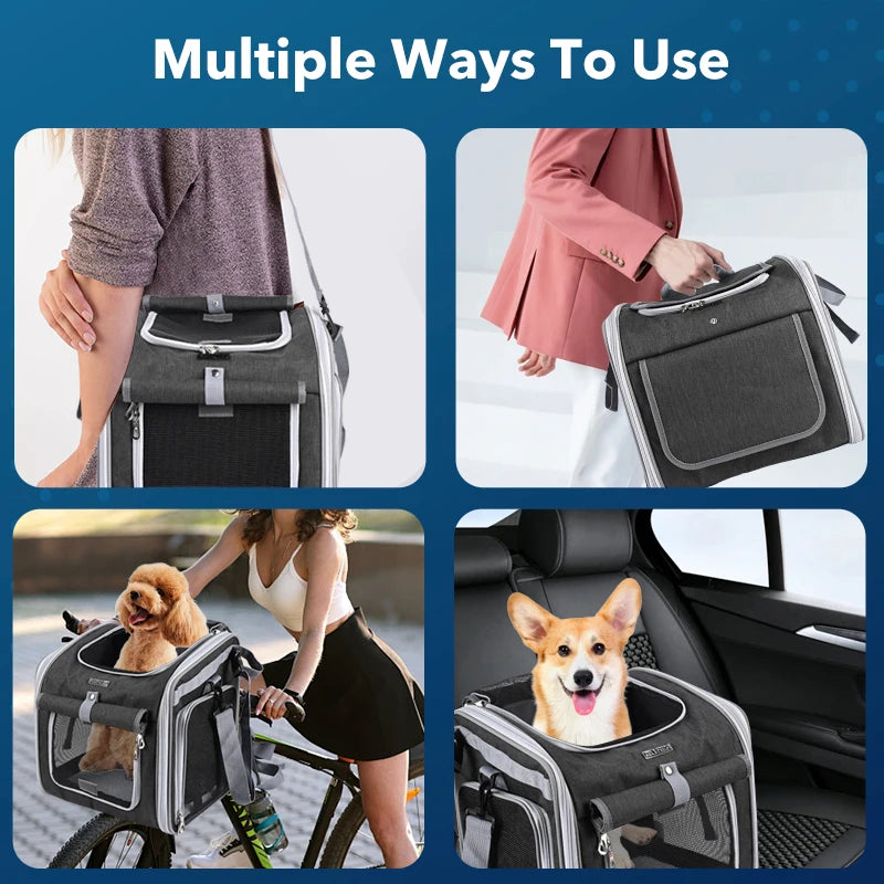 Expandable Pet Bike Carrier Backpack | Soft Dog & Cat Travel Basket with 4 Doors