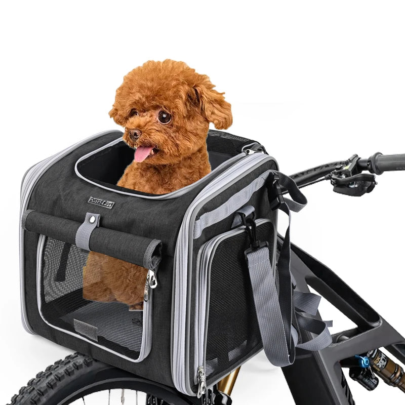 Expandable Pet Bike Carrier Backpack | Soft Dog & Cat Travel Basket with 4 Doors