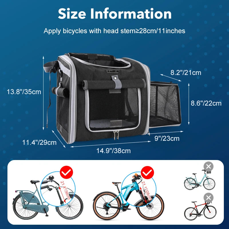 Expandable Pet Bike Carrier Backpack | Soft Dog & Cat Travel Basket with 4 Doors
