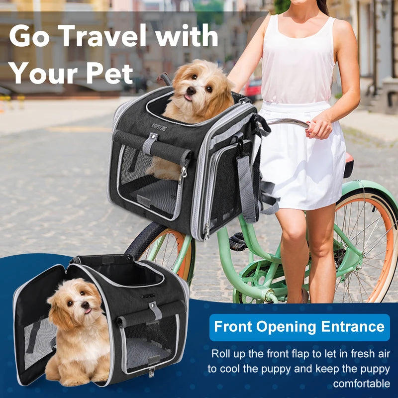 Expandable Pet Bike Carrier Backpack | Soft Dog & Cat Travel Basket with 4 Doors