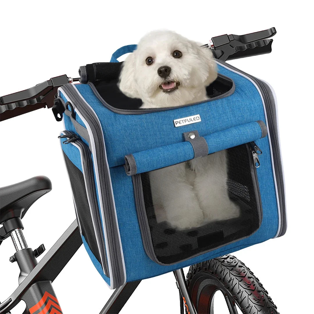 Expandable Pet Bike Carrier Backpack | Soft Dog & Cat Travel Basket with 4 Doors