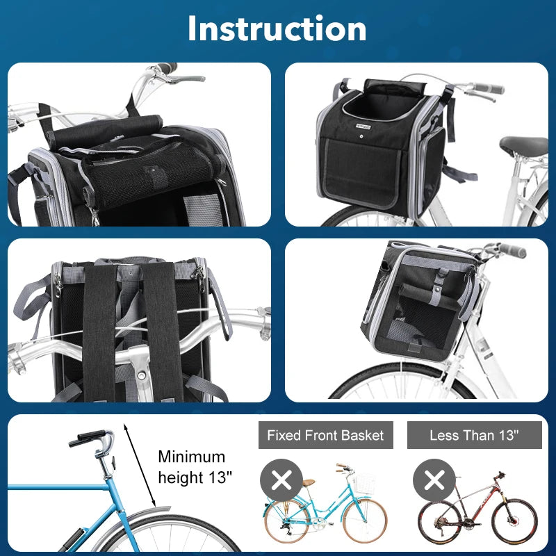 Expandable Pet Bike Carrier Backpack | Soft Dog & Cat Travel Basket with 4 Doors